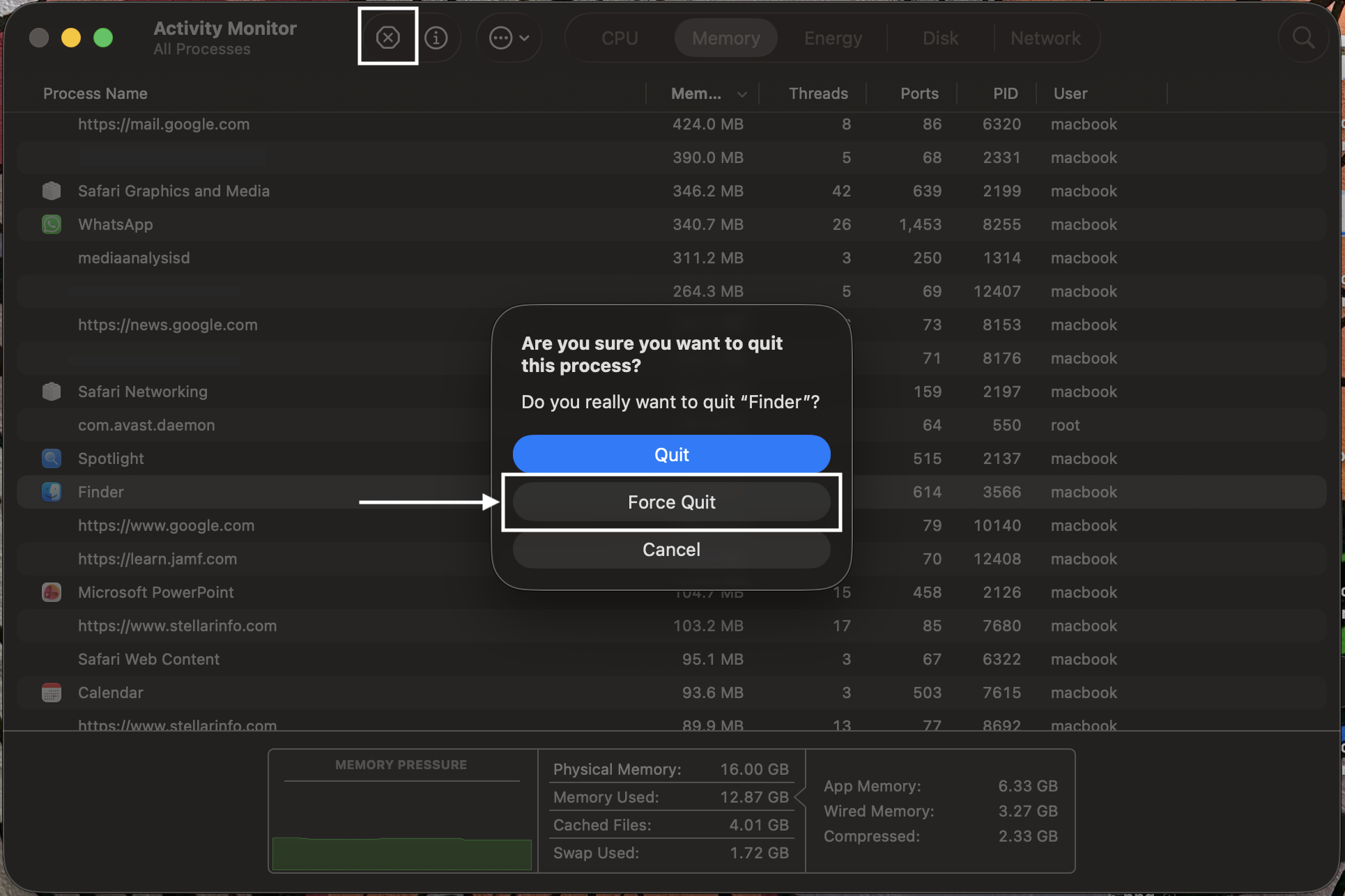 select Finder, press the Close button